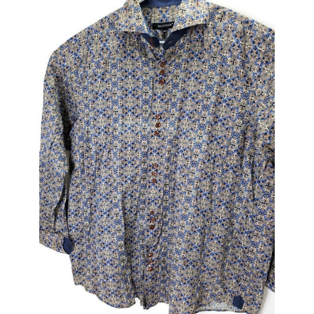 Bogosse Mens Shirt Blue Brown Paisley Print Flip Cuff Long Sleeve Button Up 2XL